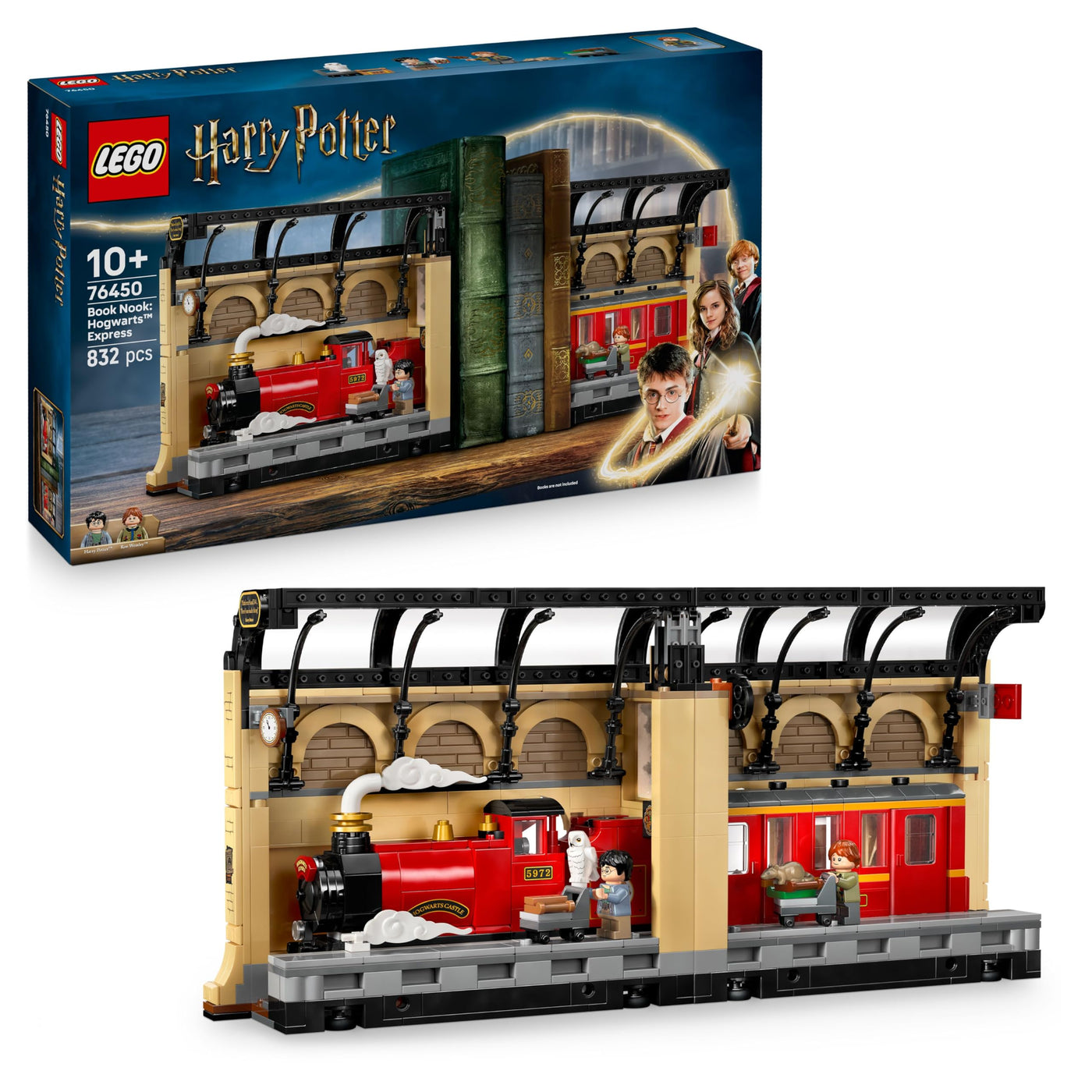 LEGO Harry Potter Buchstütze: Hogwarts Express - Set mit Spielzeug Zug, 2 Minifiguren inkl. Ron Weasley, Hedwig und Krätze - Wizarding World Geschenk für Jungen, Mädchen & Fans ab 10 Jahren - 76450