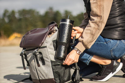 Milu Thermobecher 1,2L mit Strohhalm und Henkel 48h Eis/24h kalt/12h heiß Edelstahl Tumbler 40oz mit Griff - Isolierbecher to go Isolierflasche Trinkflasche doppelwandig isoliert (Black Leopard, 1,2L)
