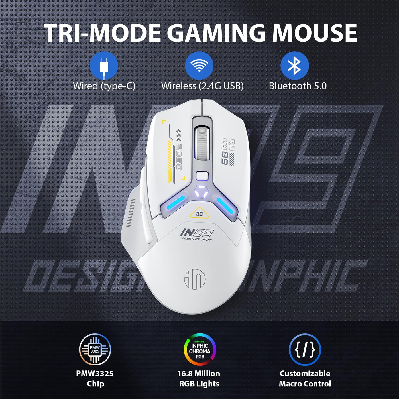 inphic IN9 Gaming Maus kabellos, echte Tri-Mode 2,4G Wireless/Type-C Wired/Bluetooth Maus, 10k DPl, vollständig programmierbar, RGB-Beleuchtung, Hyperspeed wiederaufladbare Funkmaus für Laptop PC
