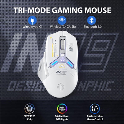 inphic IN9 Gaming Maus kabellos, echte Tri-Mode 2,4G Wireless/Type-C Wired/Bluetooth Maus, 10k DPl, vollständig programmierbar, RGB-Beleuchtung, Hyperspeed wiederaufladbare Funkmaus für Laptop PC