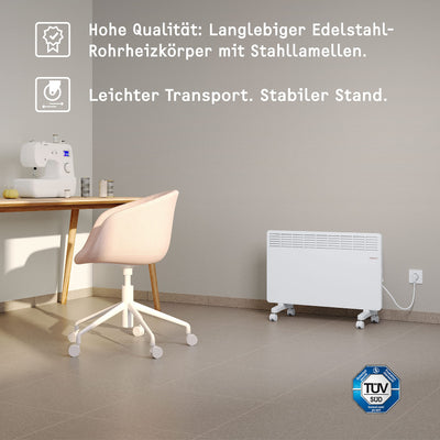 STIEBEL ELTRON Elektroheizung Standgerät für ca. 25 m², TÜV geprüft, Konvektor-Heizung mit einfacher Regelung, 2 kW, energiesparend, Rollen, 204450