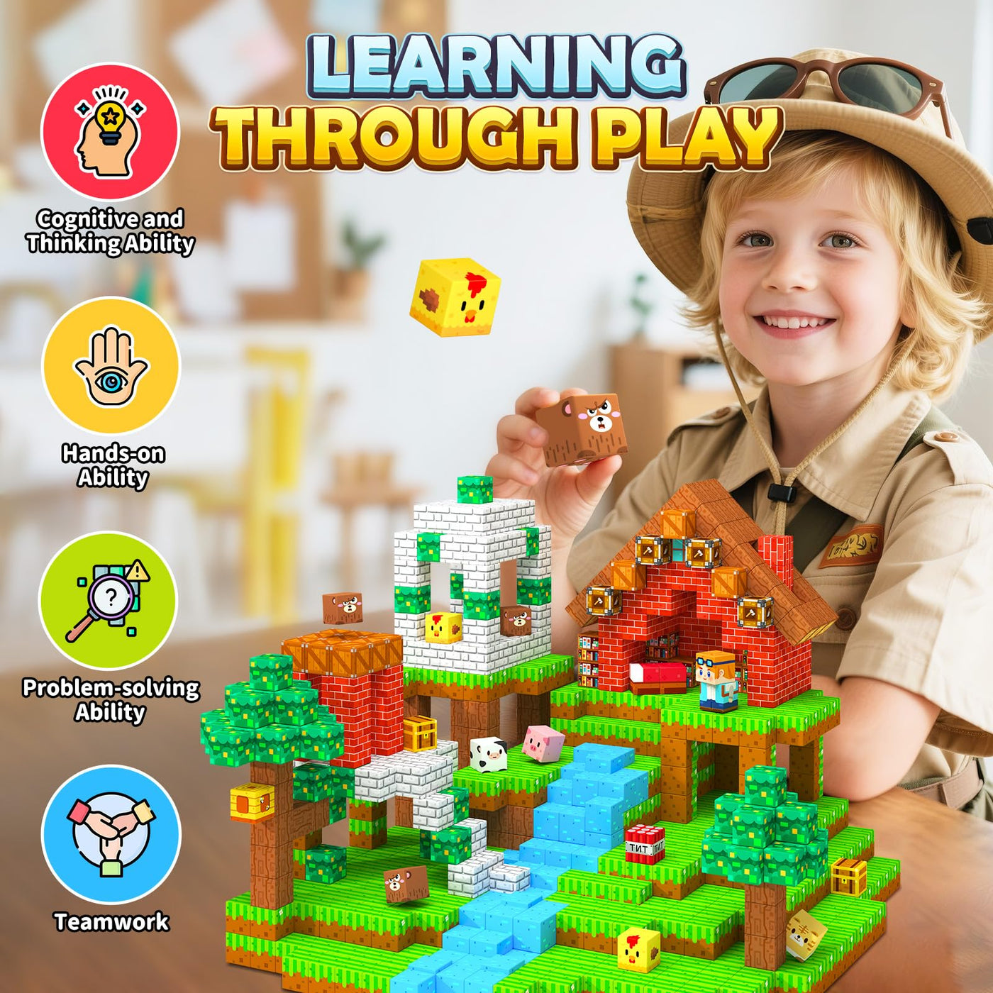 Magnetische Bausteine STEM Montessori Spielzeug für Kleinkinder und Kinder ab 3 Jahre, Vorschule Sensorische Magnetbausteine Kinderspielzeug, Magnetische Fliesen Geschenke für Mädchen und Jungen