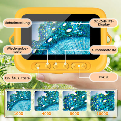 Mikroskop für Kinder, Digitales Mikroskop mit 3,0" IPS Bildschirm Lupe 1000x Microscope, HandyMikroskop LED Lights -Anschluss an PC, USB Taschenmikroskop, Geschenke für Jungen Mädchen 3-12 Jahr
