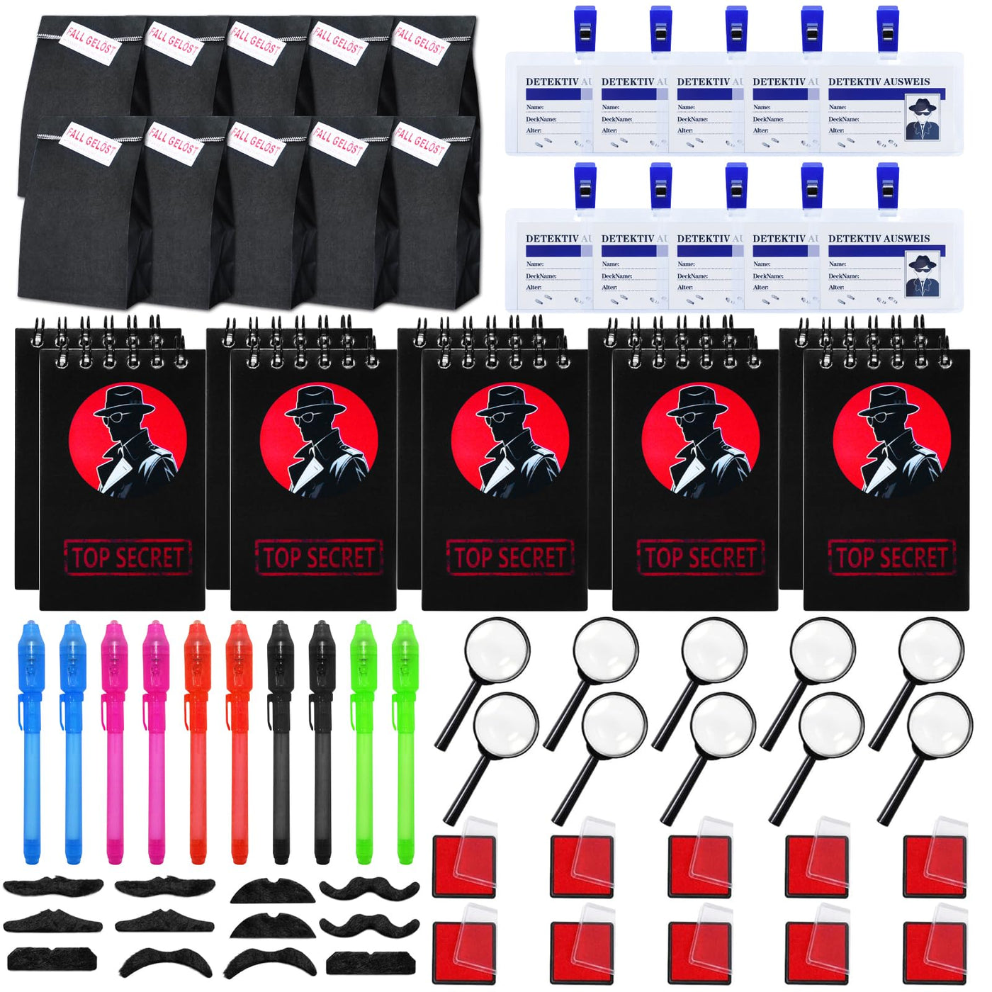 82STK Detektiv Set Kinder, Detektiv Kindergeburtstag Mitgebsel mit Geschenktüten, Geheimstift, Notizbuch, Lupe, Detektivausweis, Schnurrbart, Stempelkissen, Detektive Spielzeug für Jungen Mädchen