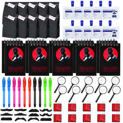 82STK Detektiv Set Kinder, Detektiv Kindergeburtstag Mitgebsel mit Geschenktüten, Geheimstift, Notizbuch, Lupe, Detektivausweis, Schnurrbart, Stempelkissen, Detektive Spielzeug für Jungen Mädchen