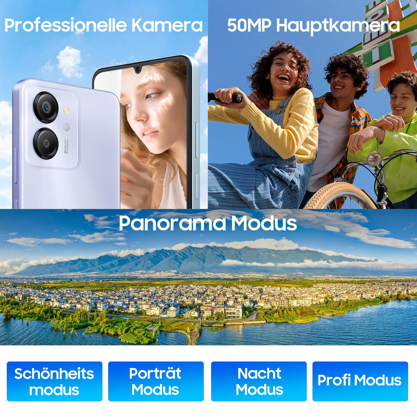 Blackview Color 8 Handy Ohne Vertrag, 16GB+256GB/1TB erweiterbar Android 13 Smartphone Günstig 6000mAh, T616 Octa-Core, 90Hz/6.75" HD+, 50MP Kamera, Fingerprint/3.5mm Jack/4G Dual SIM/Simlockfreie