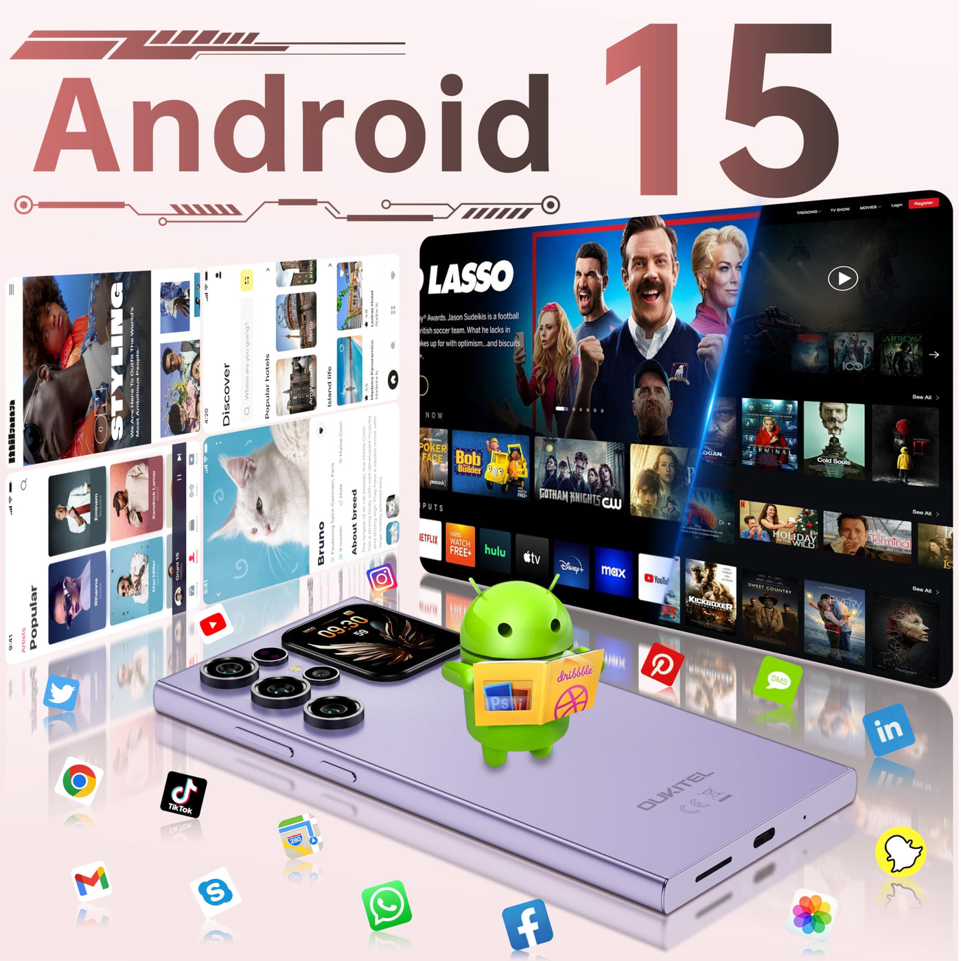 OUKITEL C62 Android 15 Smartphone Ohne Vertrag - 6.88" HD+ Handy mit Rückseitigem Display 16GB RAM+128GB ROM/1TB, 5000mAh Handy Günstig, Dual SIM Simlockfreie Handys/Face ID/GPS/OTG - Violett