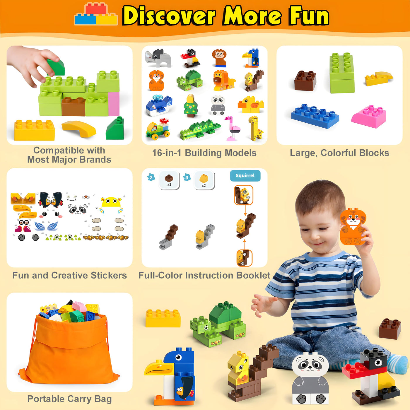 MOONTOY Große Bausteine, 125 Teile Bunte Bauklötze zum Bauen von 16 Tier, Bauspielzeug Konstruktionsspielzeug für Kleinkinder Classic STEM Lernspielzeug Spielzeug für Kinder ab 2 3 4 Jahre Geschenk