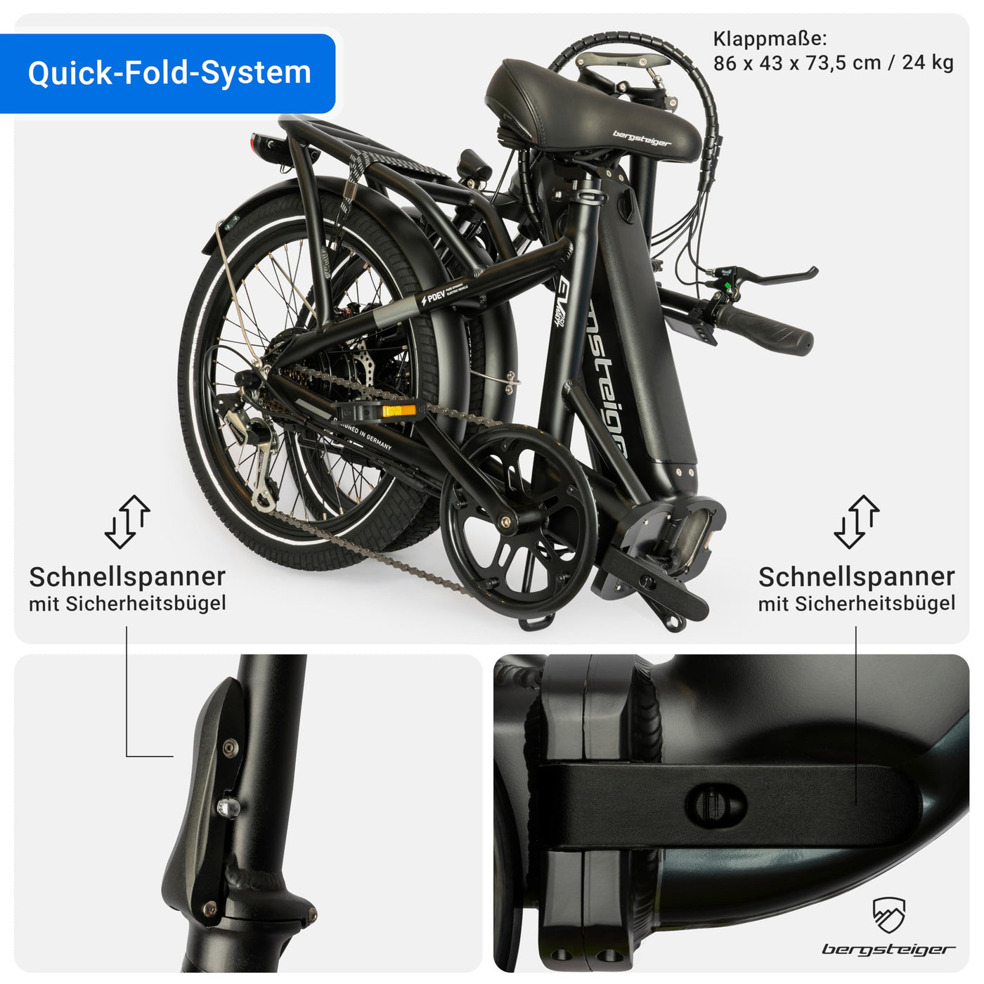 Bergsteiger London 20 Zoll E-Bike Klapprad mit 250 Watt Motor, Scheibenbremsen, Aluminium Ebike für Damen & Herren, Farbdisplay, Elektrofahrrad mit 7 Gang-Schaltung