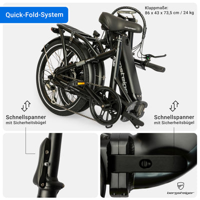Bergsteiger London 20 Zoll E-Bike Klapprad mit 250 Watt Motor, Scheibenbremsen, Aluminium Ebike für Damen & Herren, Farbdisplay, Elektrofahrrad mit 7 Gang-Schaltung