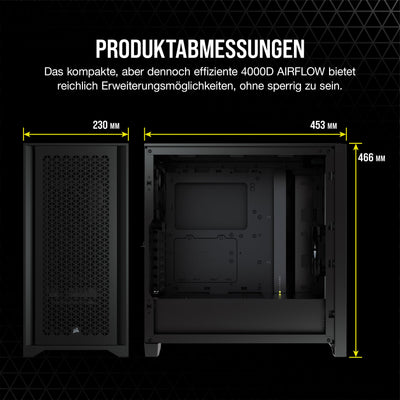 CORSAIR 4000D AIRFLOW Gehärtetes Glas Mid–Tower ATX–Gehäuse – Hohe Luftzirkulation – miditower management–System – Geräumiges Interieur – Zwei Mitgelieferte 120–mm–Lüfter – Schwarz