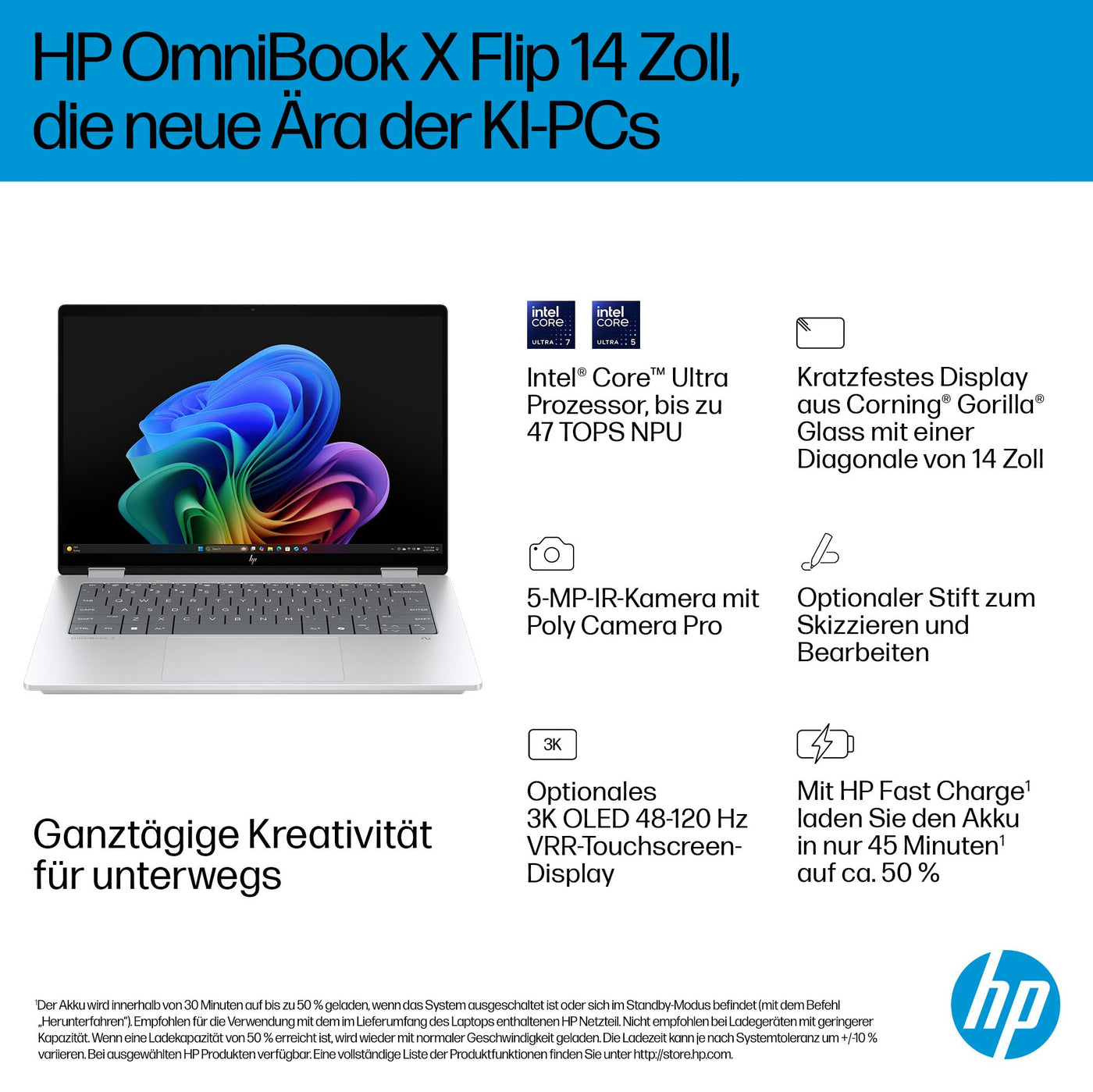 HP OmniBook X Flip 2in1 Next Gen AI Laptop | Intel Core Ultra 7 256V | dedizierte NPU für KI | 47 NPU Tops | Copilot+ PC | 14" 3K 2880x1800 OLED Touchscreen | 16GB | 1TB SSD | Win11 | QWERTZ | Silber