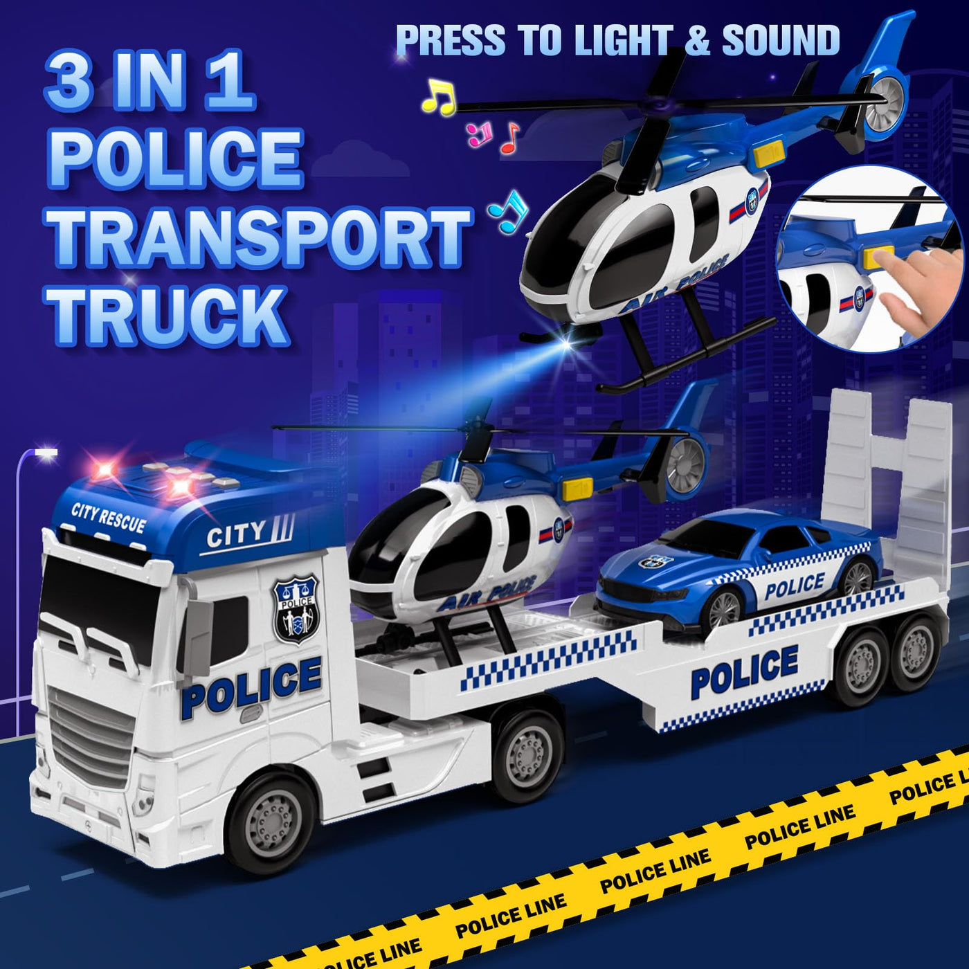 Tacobear Polizei Lastwagen Spielzeug Geschenke ab 2 3 4 5 Junge groß LKW Spielzeug & Hubschrauber Polizeiauto Abnehmbar Anhänger, Reibungsbetrieb Autotransporter Spielzeug Geschenkideen Kinder Jungen