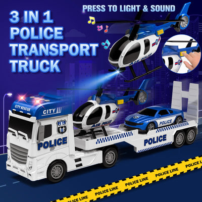 Tacobear Polizei Lastwagen Spielzeug Geschenke ab 2 3 4 5 Junge groß LKW Spielzeug & Hubschrauber Polizeiauto Abnehmbar Anhänger, Reibungsbetrieb Autotransporter Spielzeug Geschenkideen Kinder Jungen