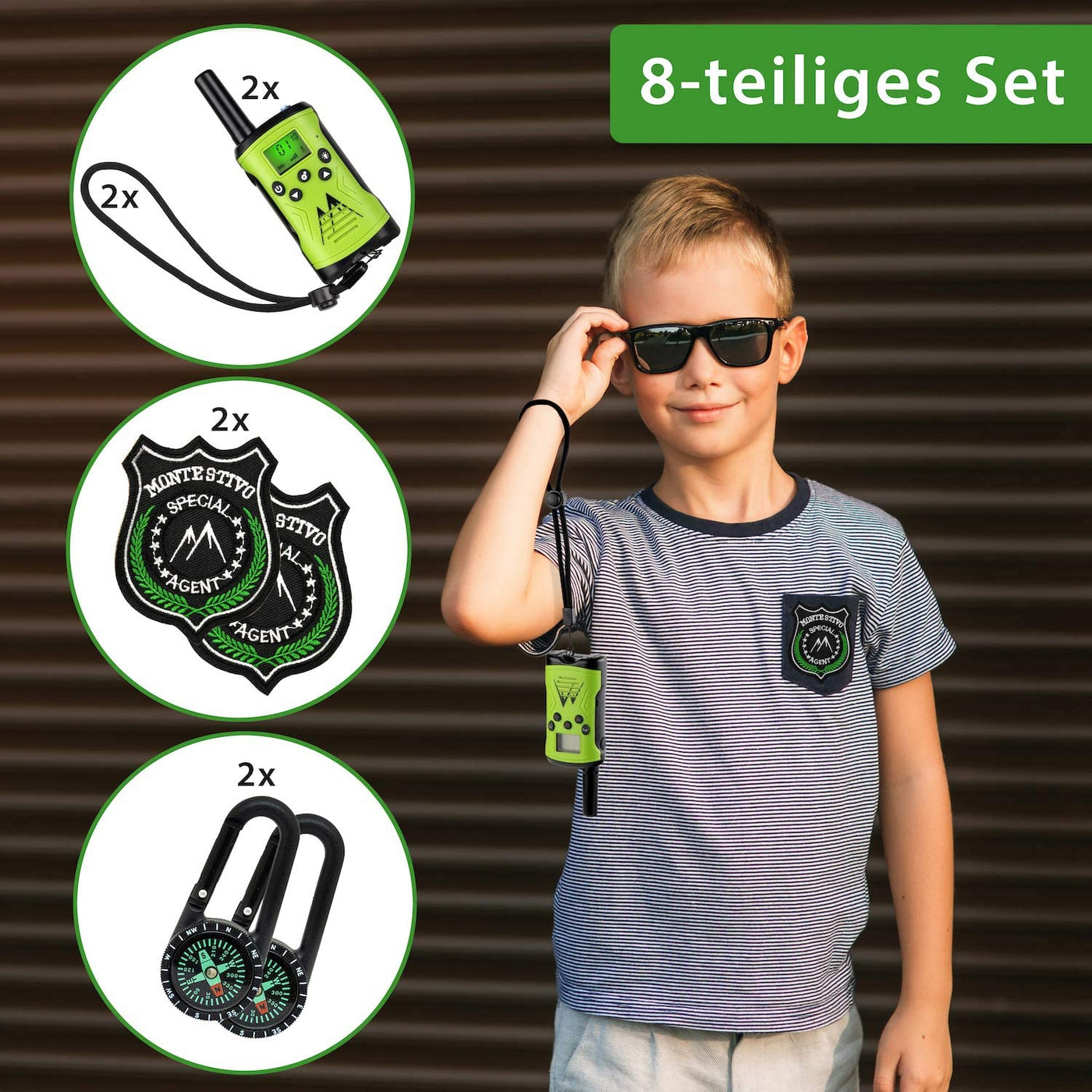 Monte Stivo® Walkie Talkie Kinder | 8-teiliges Set mit Kompass & Badge | Geschenke Kinder Outdoor Spielzeug für Junge und Mädchen