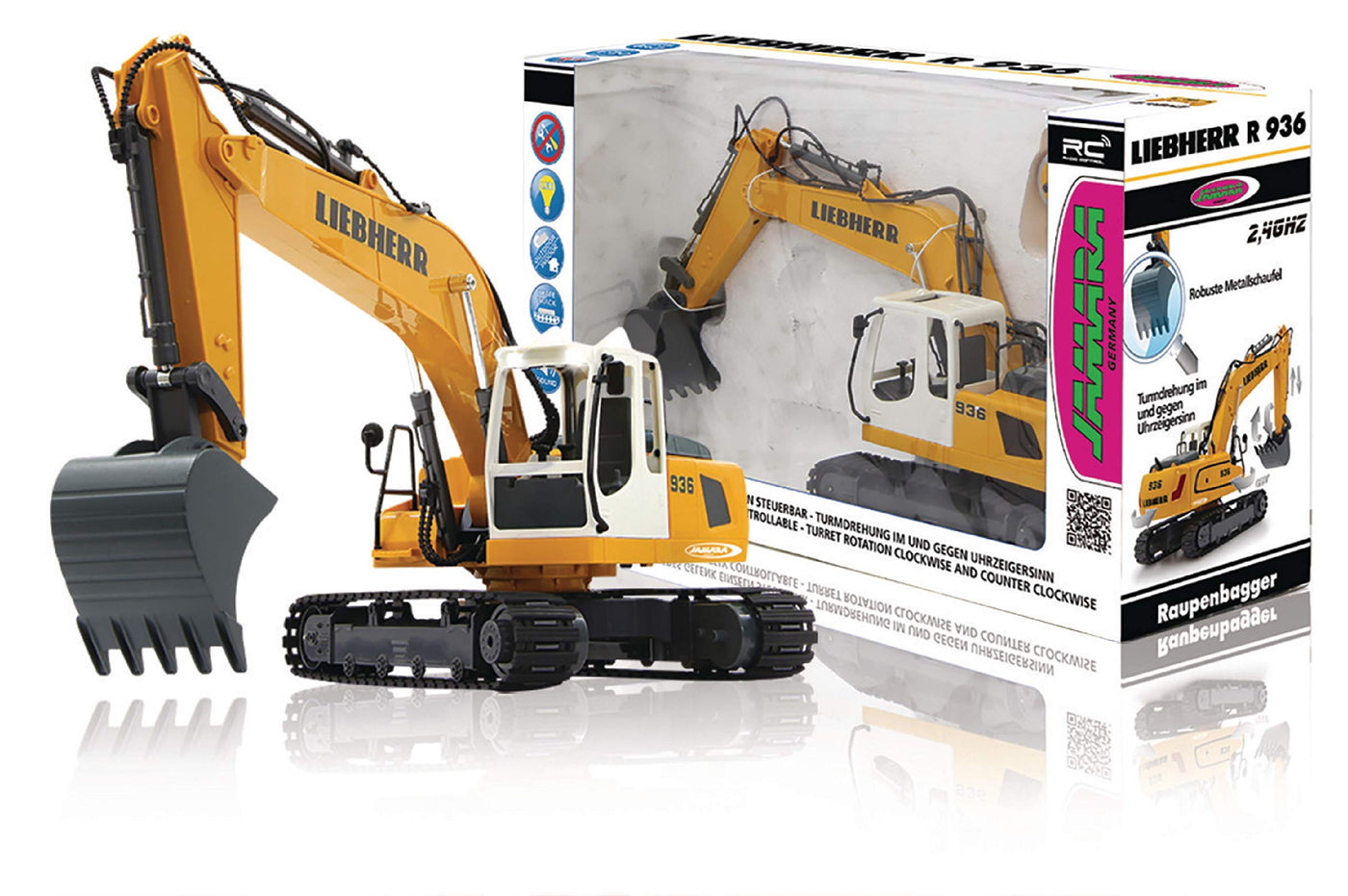 JAMARA 405060 Bagger Liebherr R936 1: 20 2,4GHz - realistische Funktionen (Entladen/Aufladen), jedes Gelenk einzeln steuerbar, 660° Turmdrehung, Metallschaufel, Motorsound, Hupe, Rückfahrwarnsound