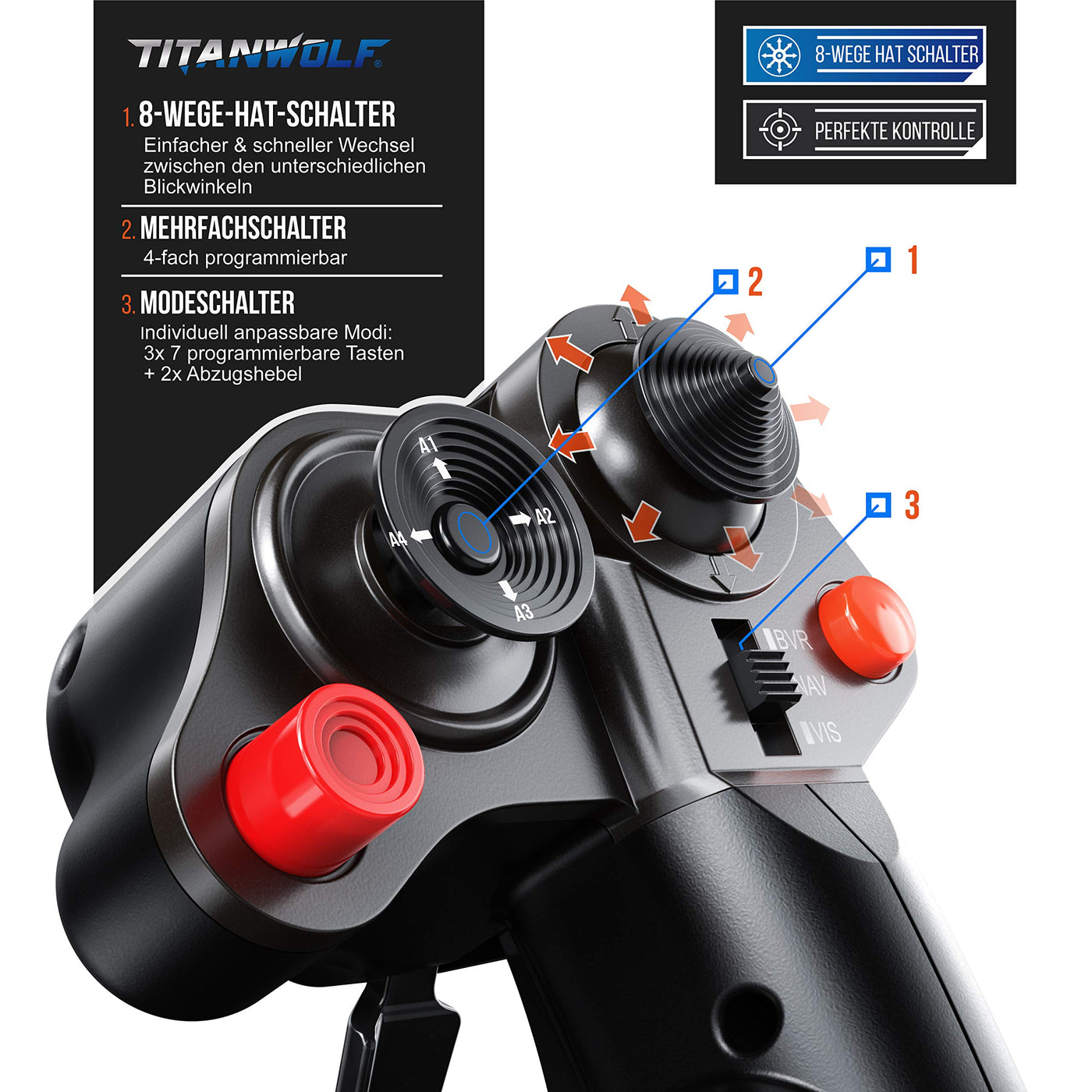 Titanwolf - PC Joystick - Flight Stick – Vierweg Joystick – HOTAS Funktion - stufenloser Schubregler – Hat Switch Achtwege Stick - 4 Buttons D-Pad - 3 Modi – Gashebel – Ruder – 9 Knöpfe-23 Funktionen