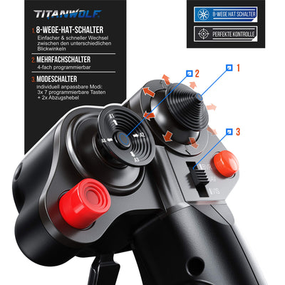 Titanwolf - PC Joystick - Flight Stick – Vierweg Joystick – HOTAS Funktion - stufenloser Schubregler – Hat Switch Achtwege Stick - 4 Buttons D-Pad - 3 Modi – Gashebel – Ruder – 9 Knöpfe-23 Funktionen
