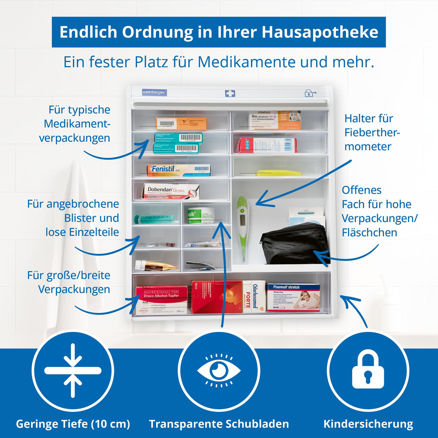 Weinberger Medizinschrank I Apotheker- und Medikamenten-Schrank I Tabletten-Aufbewahrung I Hausapotheke I Arznei- & Erste-Hilfe-Schrank I Kindersicherung I Jalousie I viele Fächer I Weiß