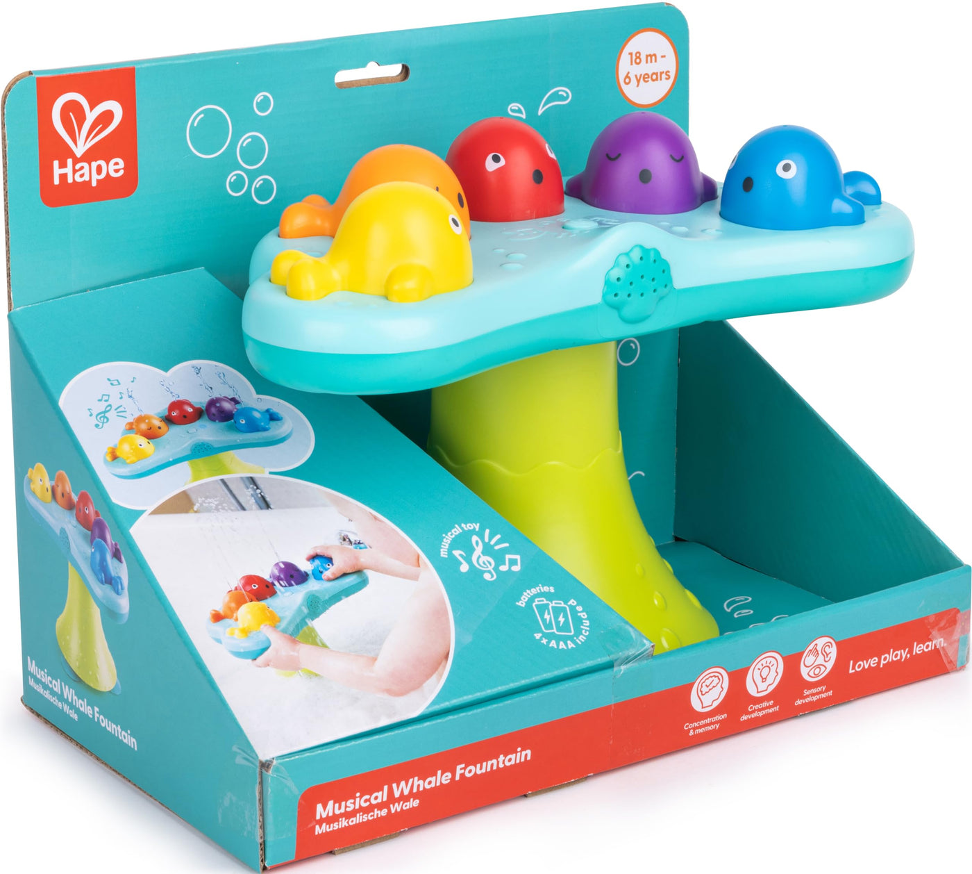 Hape Badespielzeug Musikalische Wale mit 5 Melodien und Wasserfontänen, Badespielzeug mit Musik und Fontänen-Effekt, 2 Modi & Saugnäpfe, ab 18 Monaten