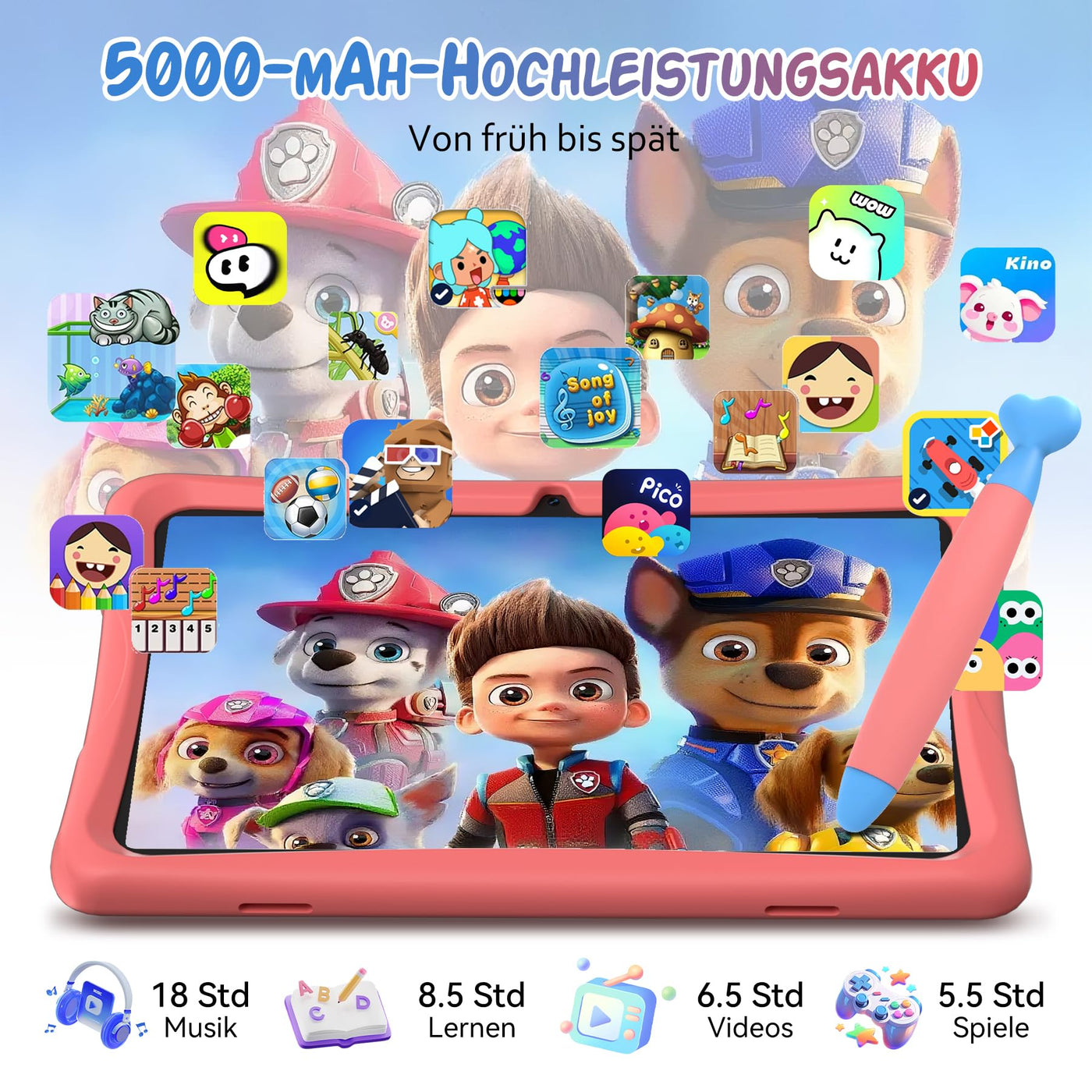 TABWEE Kinder Tablet 10 Zoll, Android 15 mit 12GB RAM + 64GB ROM + 2TB Erweiterbar, 5G WiFi, Widevine L1, 5000mAh, Quad Core, Elterliche Kontrolle, GMS Certified Kids Tablet mit Eva Case
