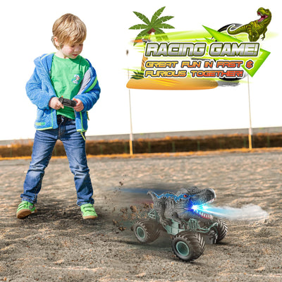 HappyGoLucky Monstertruck Ferngesteuertes Auto ab 3 4 5 6 7 8 Jahre, Dinosaurier Spielzeug ab 3-10 Jahre Junge, RC Auto mit Sprühnebel, Musik, LED-Leuchten, Ostergeschenke Kinder Outdoor Spielzeug