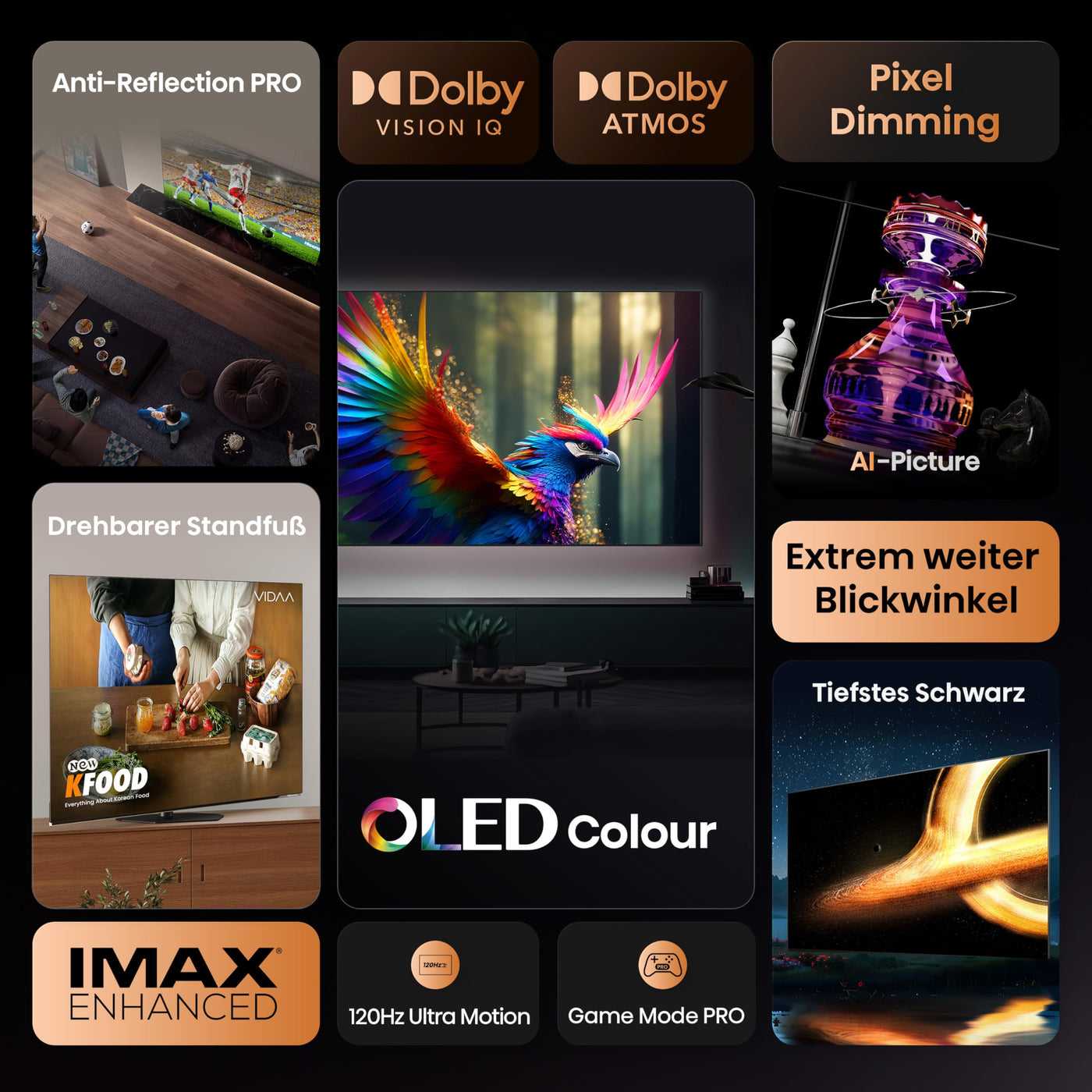 Hisense 55A85Q 139cm (55 Zoll) Fernseher, 4K UHD OLED Smart TV,120Hz, HDMI 2.1, Game Mode Pro, AMD FreeSync Premium, Dolby Vision IQ & Atmos, Bluetooth, Alexa Built-in, Schwarz, [2025]