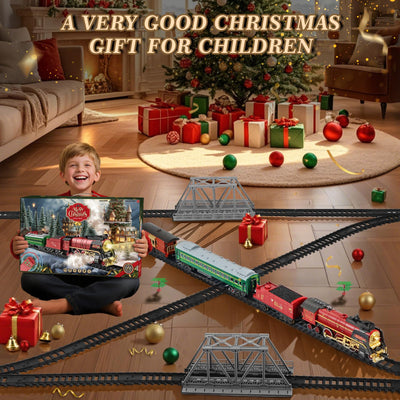 JONRRYIN Elektrische Zug Spielzeug, Eisenbahn Weihnachtsbaum Elektrisch, Weihnachtszug mit Schienen, Dampf, Licht & Sound, Dampfzug den Tannenbaum Geschenk für Kinder