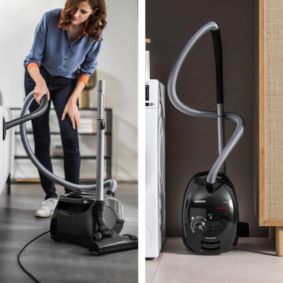 Siemens Staubsauger mit Beutel Z 3.0 extreme power VSZ3XTRM11, Bodenstaubsauger, XXL-Polsterdüse ideal für Tierhaare, Bodendüse für Parkett, Teppich, Fliesen, niedriger Stromverbrauch, 850 W, schwarz
