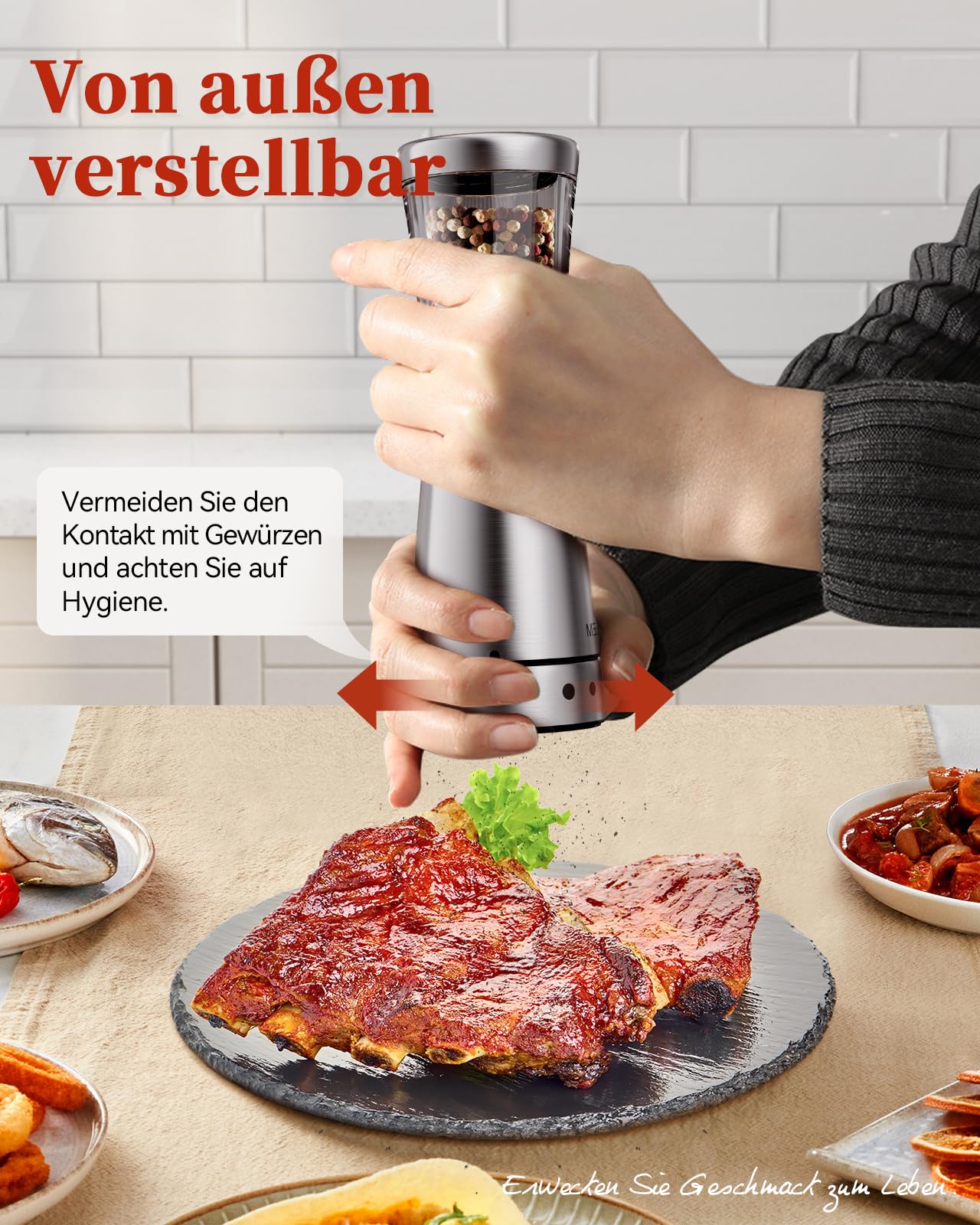 Salz und Pfeffermühlen elektrisch 2er Set aus Edelstahl (Wiederaufladbar, LED Beleuchtung, mit einstellbarem Keramikmahlwerk, Reinigungsbürste Bürste) Gewürzmühle elektrisch