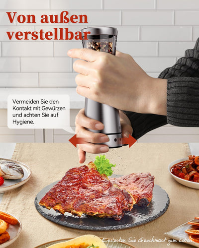 Salz und Pfeffermühlen elektrisch 2er Set aus Edelstahl (Wiederaufladbar, LED Beleuchtung, mit einstellbarem Keramikmahlwerk, Reinigungsbürste Bürste) Gewürzmühle elektrisch