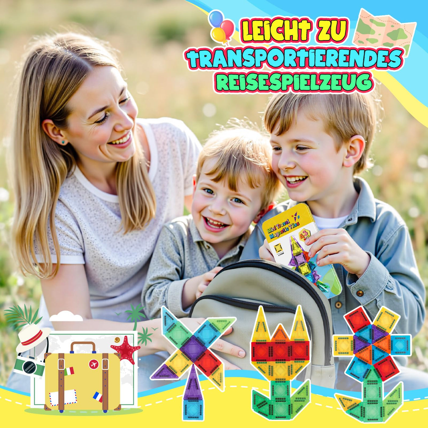 43 Pcs Mini Magnetische Bausteine Reiseset, Spielzeug ab 3 4 5 6 Jahre Junge Mädchen Reisespiele Kinder ab 3-6 Flugzeug Beschäftigung Kinder Geschenk Jungen 3-6 Jahre STEM Montessori Spielzeug