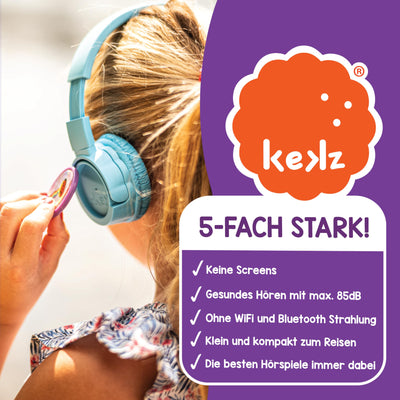 Kekz Starterset: Kekzhörer blau inkl. Cookie Crew Hörspiel & Wunderkekz, Amazon exklusiv mit 2x Audiochip „Die Schule der magischen Tiere“, Kopfhörer für Kinder, Reisekopfhörer für unterwegs & zuhause