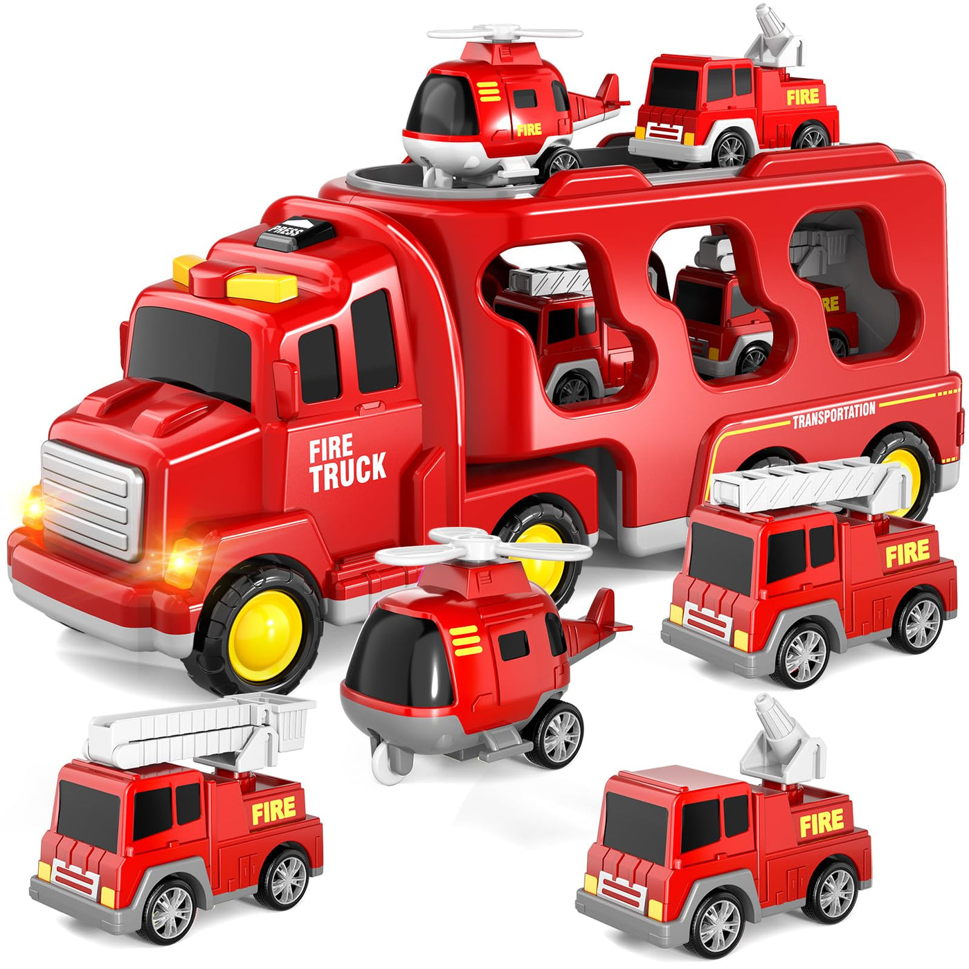 5-in-1 Feuerwehr LKW Spielzeug für Kinder, Reibungsbetriebene Transporter mit 4 Feuerwehrfahrzeugen, Spielzeug ab 1 2 3 Jahren für Jungen und Mädchen mit Lichtern und Geräuschen für Kleinkind 4 5 6