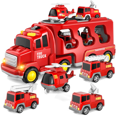5-in-1 Feuerwehr LKW Spielzeug für Kinder, Reibungsbetriebene Transporter mit 4 Feuerwehrfahrzeugen, Spielzeug ab 1 2 3 Jahren für Jungen und Mädchen mit Lichtern und Geräuschen für Kleinkind 4 5 6