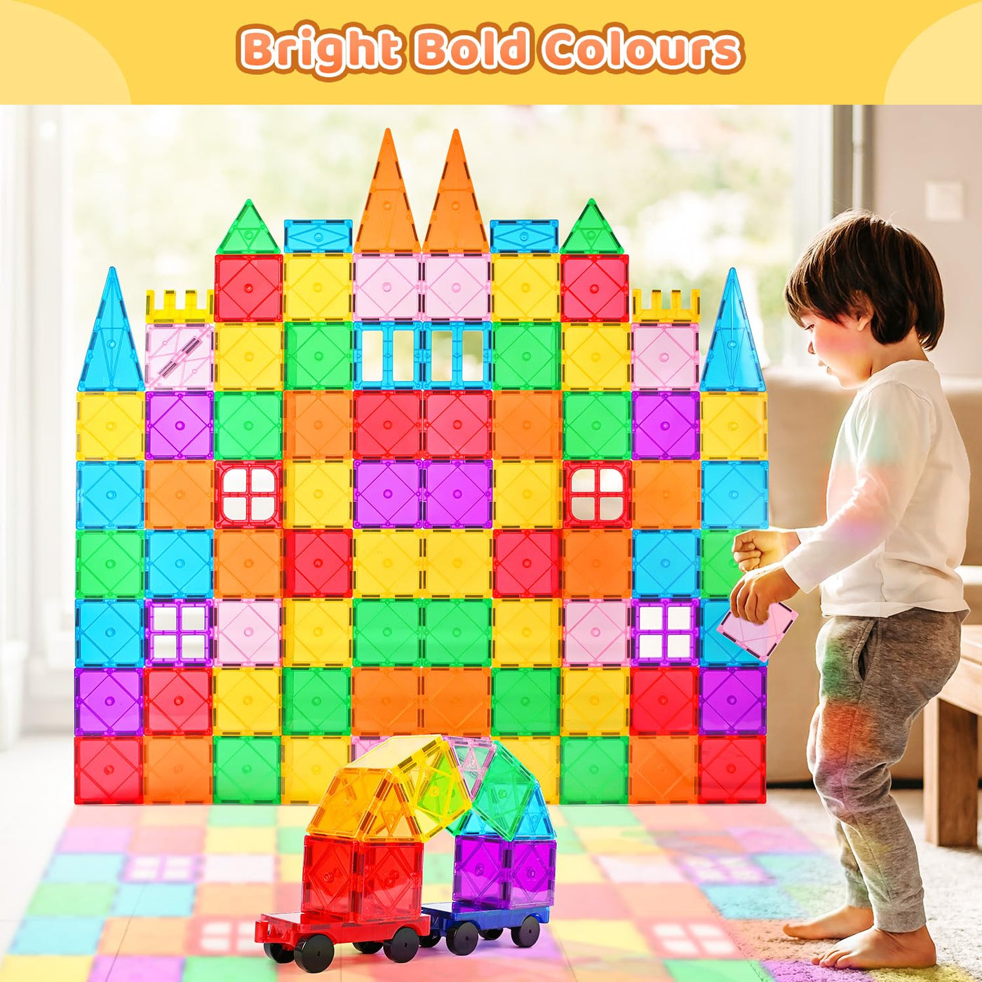 Katiago Magnetische Bausteine, 100PCS Magnetbausteine Set mit 2 Autos STEM Montessori Magnet Spielzeug Kinder für Geschenk ab 3 4 5 6 7 8 Jahre Bauklötze Kinderspielzeug