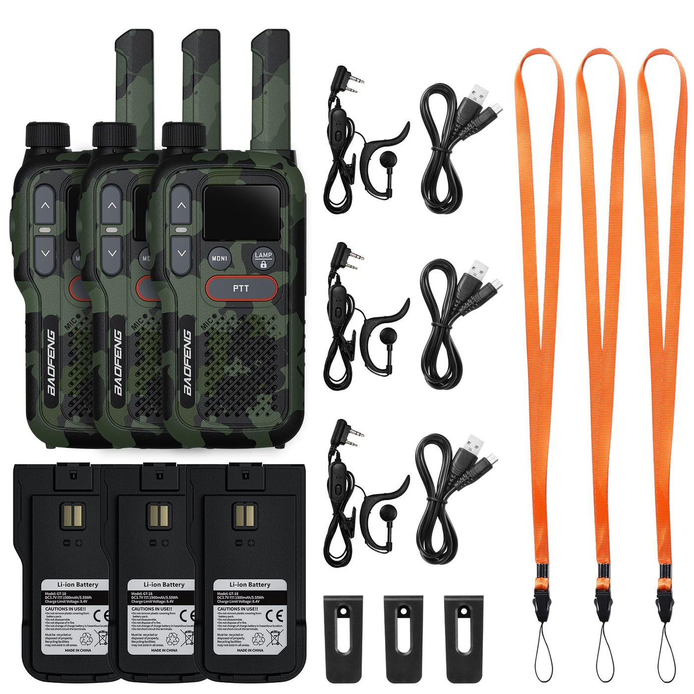 BAOFENG GT-18 Walkie Talkie PMR446 Lizenzfrei Funkgerät für Erwachsene Kinder, Wiederaufladbares Walky Talky 1500mAh Batterie, Dual-PTT, 16 Kanäle, Scan, Taschenlampe für Camping Wandern, 3er Pack