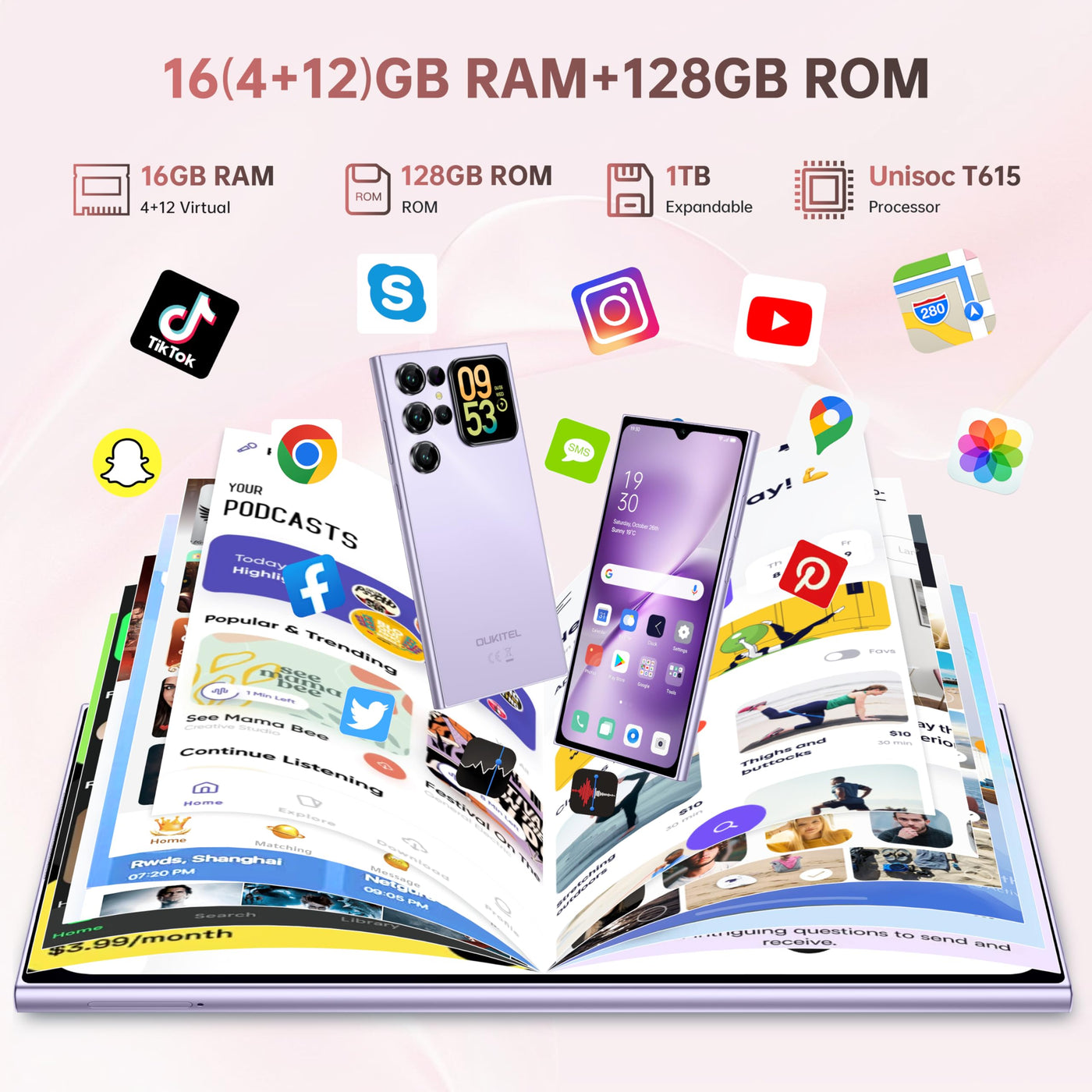 OUKITEL C62 Android 15 Smartphone Ohne Vertrag - 6.88" HD+ Handy mit Rückseitigem Display 16GB RAM+128GB ROM/1TB, 5000mAh Handy Günstig, Dual SIM Simlockfreie Handys/Face ID/GPS/OTG - Violett