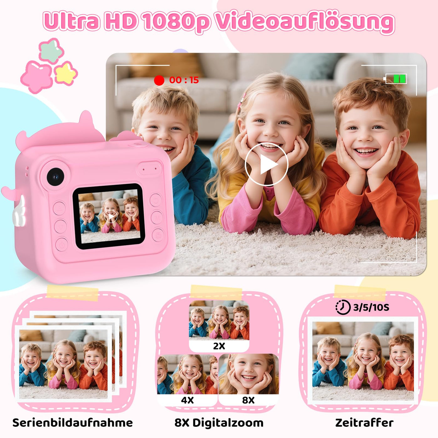 Fippesax Sofortbildkamera Kinder, 1080P HD Kinderkamera mit 32-GB-Karte, 48MP Selfie Kinderkamera Sofortbildkamera, Kinderspielzeug Einhorn Geschenke für Mädchen & Jungen von 3-12 Jahren