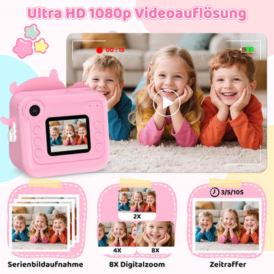 Fippesax Sofortbildkamera Kinder, 1080P HD Kinderkamera mit 32-GB-Karte, 48MP Selfie Kinderkamera Sofortbildkamera, Kinderspielzeug Einhorn Geschenke für Mädchen & Jungen von 3-12 Jahren