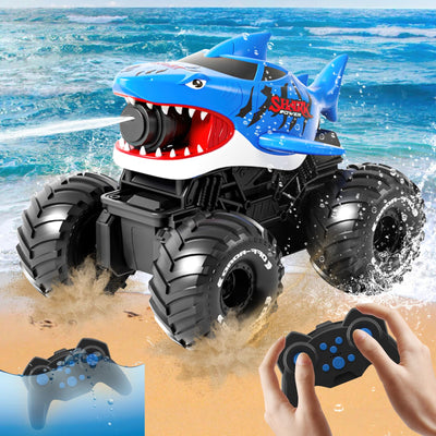 Amphibisches Ferngesteuertes Auto, 4WD 360° Rotation 2.4GHz RC Ferngesteuerter Haifischtruck, mit Sprühwasser, Wiederaufladbares Ferngesteuertes Amphibienfahrzeug als Geschenk für Kinder 3-12 Jahre
