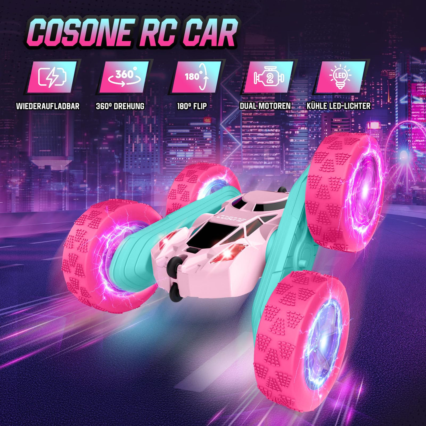 cosone Rosa Ferngesteuertes Auto für Mädchen 6-12 Jahre alt Stunt RC Auto mit LED Blinken 2.4Ghz 4WD 360° Flip RC Car für Kinder Geschenke