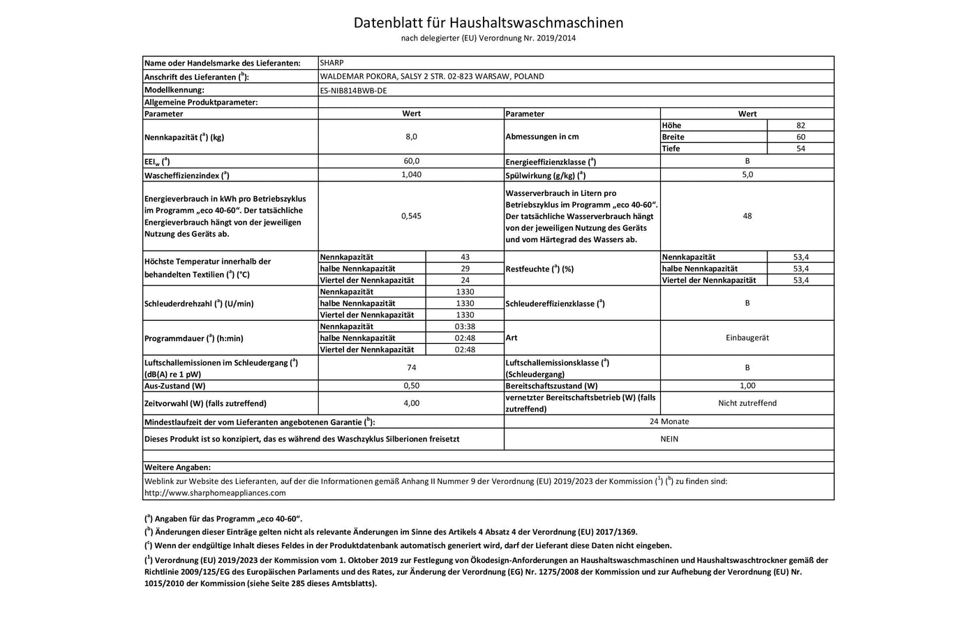 Sharp ES-NIB814BWB-DE Einbau-Waschmaschine Frontlader, B (A bis G), 8 kg, 1400 U/min, 15 Programme inkl. 15 min Kurzprogramm, AquaStop, Weiß