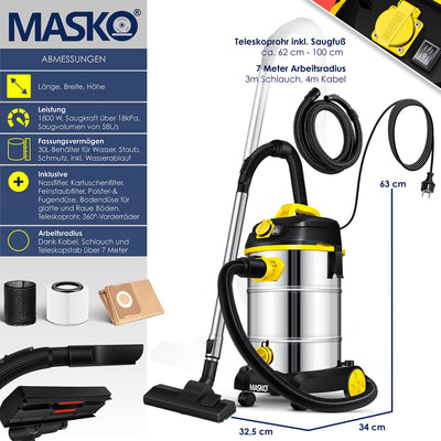 MASKO® Industriestaubsauger 1800Watt Mit Steckdose Blasfunktion | Mehrzwecksauger Trocken-Saugen & Nass-Saugen | Industrie-Sauger mit & ohne Beutel | Wasser-Staubsauger beutellos