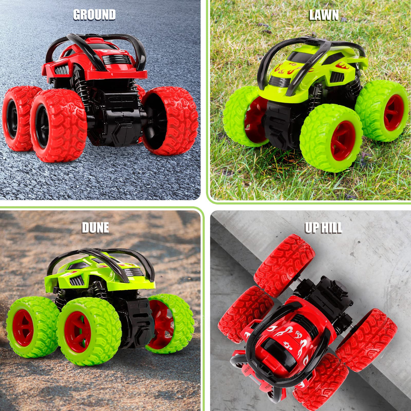 Monster Trucks Spielzeug, Zurückziehen Auto Trägheit Reibungsbetriebene Autos 360 Grad Rotierendes Geländewagen Spielzeugauto für 3-10 Jahre Alte Jungen Mädchen Kinder (2 Stück, Grün Rot)