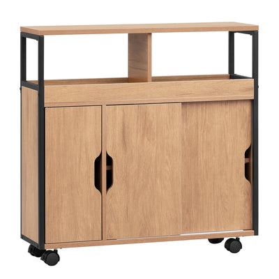 EUGAD Badezimmerschrank, Nischenschrank schmal, Badschrank mit 2 offenen Fächern, Verstellbarer Ablage, Schiebetüren, Nischenregal mit Rollen, 70x70x20 cm, schwarz helle Eiche