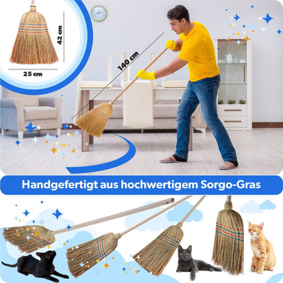 KADAX Reisstrohbesen, Reisigbesen, Besen mit langem Stiel aus Holz, funktionaler Strohbesen, Besen aus Sorgogras, Hexenbesen, Hofbesen aus Reisstroh (L: 140 cm)