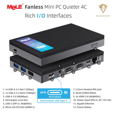 MeLE Mini PC Quieter 4C lüfterloser PC, N100 16GB RAM 512GB ROM, Win11 Pro, Vollfunktionsfähiges USB-C, 4K Triple Display Desktop PC für Zuhause, Büro, Bildung, Astrophotografie