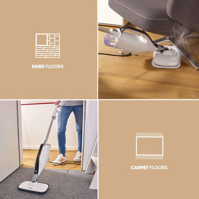 SEVERIN 2-in-1 Dampfreiniger mit Mehrzweck-Funktion & praktischem Kombi-Zubehör, für alle Hartböden und Teppiche, entfernt 99,9% Bakterien, nur 15 Sekunden Aufheizzeit, 9m Kabel, weiß/schwarz, SC 7145