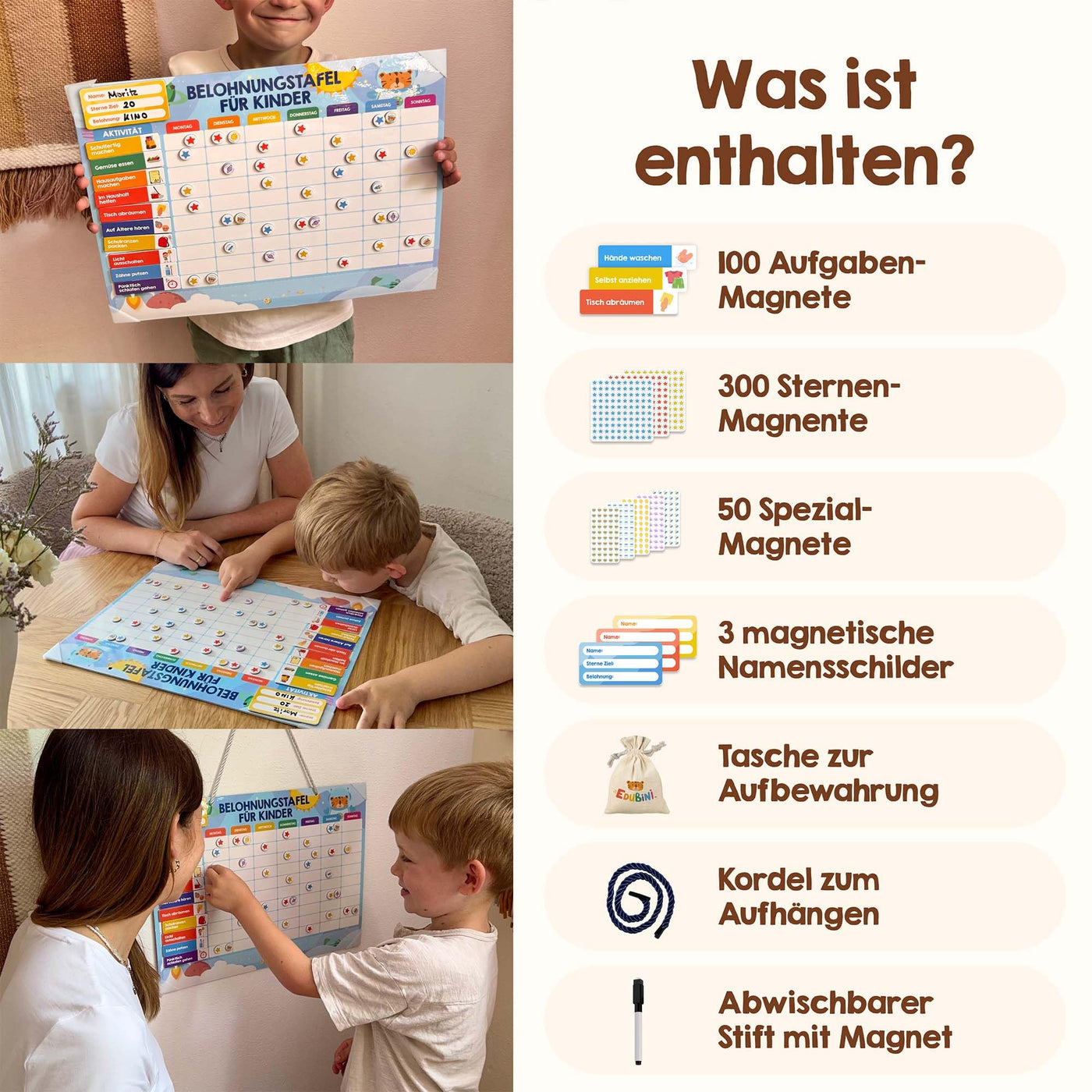 Belohnungstafel für Kinder - [100 Aufgaben + 350 Magnete] - Belohnungssystem für Verantwortung - Family Plan, Montessori Magnettafel, Wochenplaner, Adhs Hilfsmittel - inkl. Tasche, Stift (Dinosaurier)